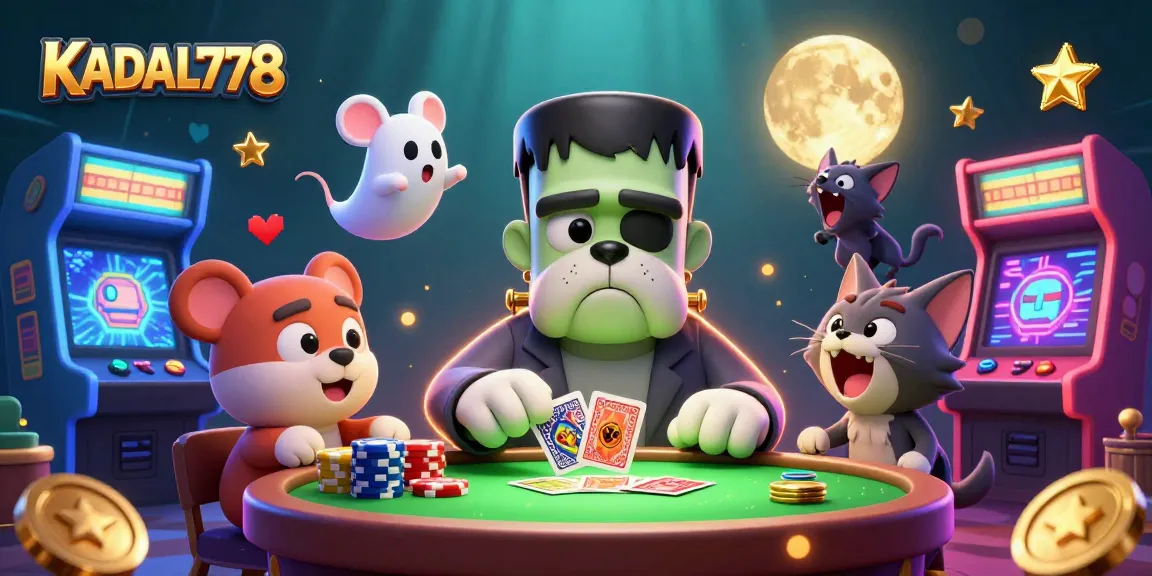 Experience thrilling gameplay with KADAL778 as a Frankenstein bulldog dealer amidst glowing casino elements.