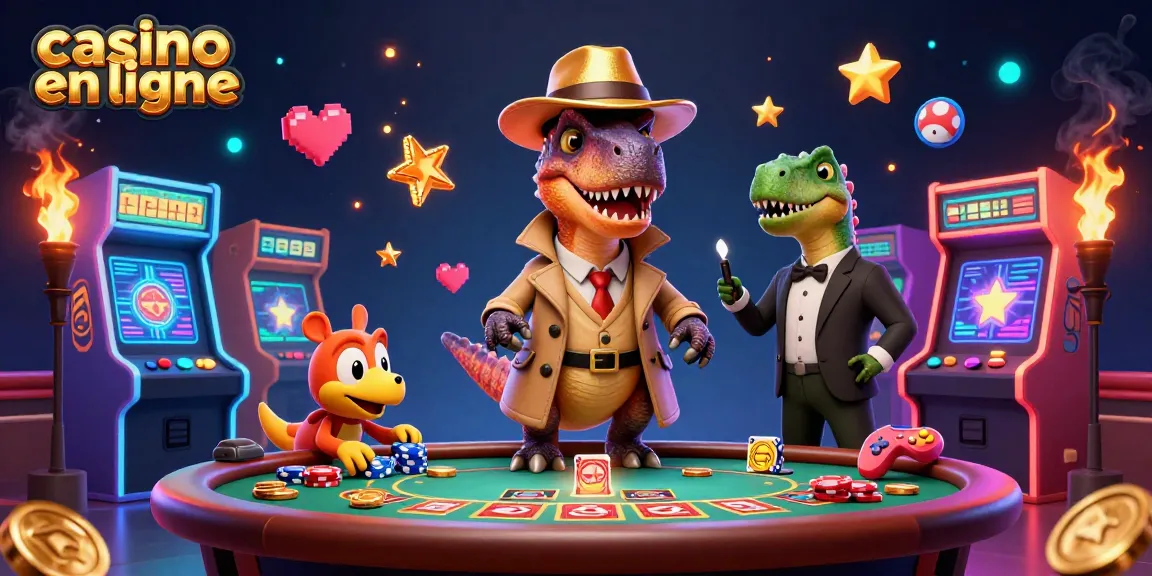 Le casino en ligne présente un velociraptor déguisé jouant au blackjack, entouré de machines colorées.