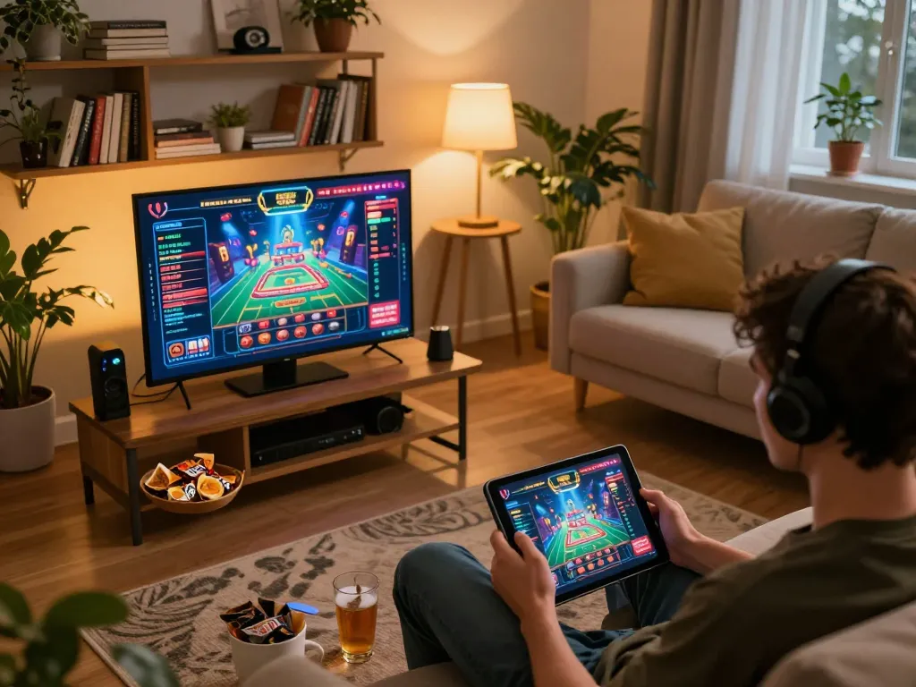 Player enjoying O8 online casino games at home with snacks and warm lighting