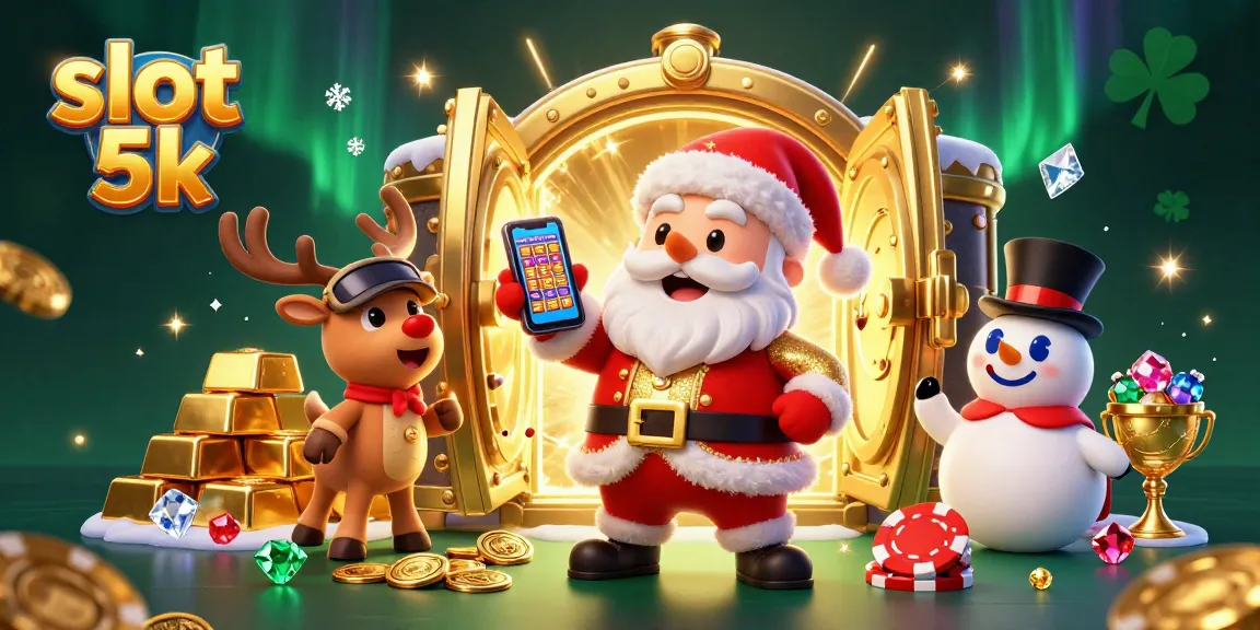 Experience the excitement at slot 5k with Santa and friends celebrating in a dazzling casino scene.