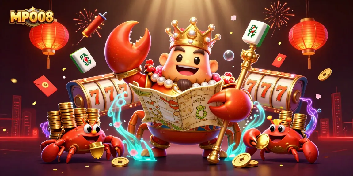 Engage in thrilling online slots at MPO08 with a glorious crab emperor overseeing a vibrant casino scene.