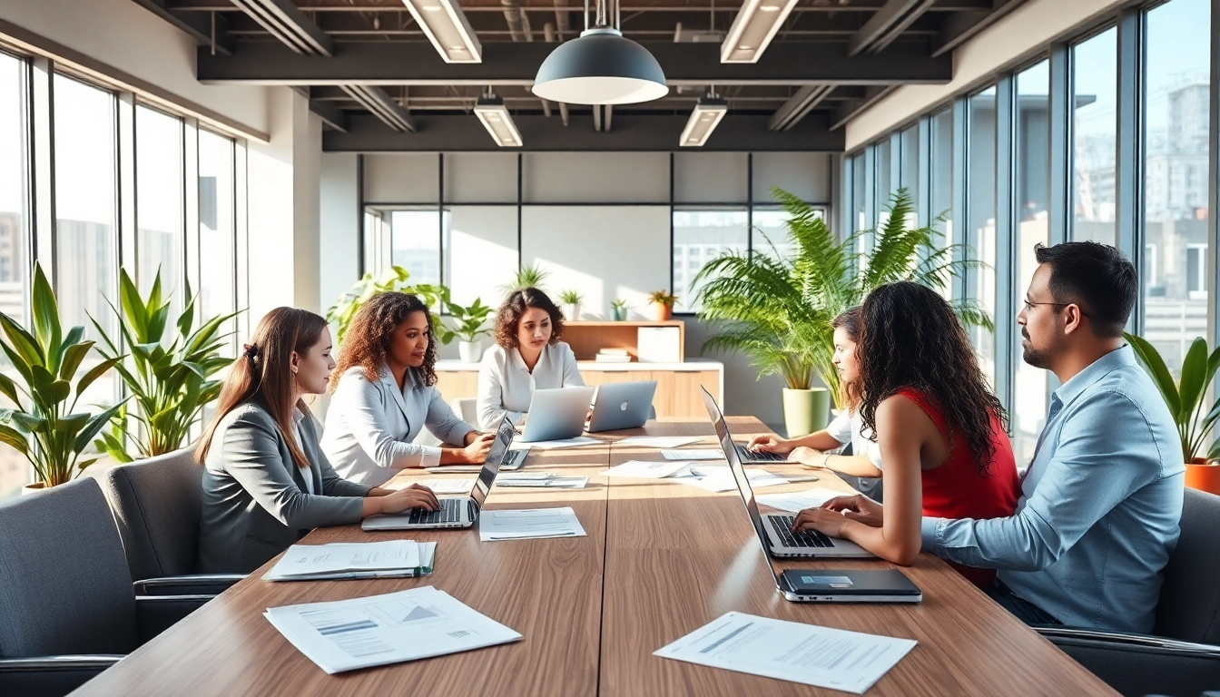 Engaging team meeting on contracts and grants in a bright office setting.