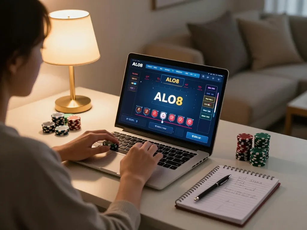 Experience the ALO8 casino action at home with engaged gaming on a laptop.