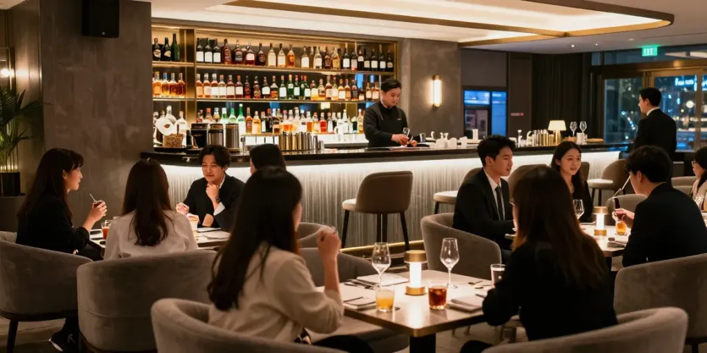 강남 타이밍의 고급스러운 실내와 즐거운 분위기
