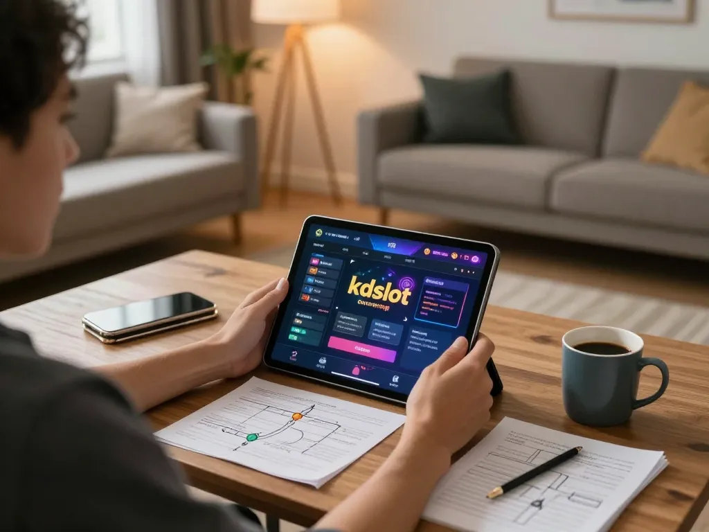 Person enjoying an online kdslot game on a tablet in a cozy living room.