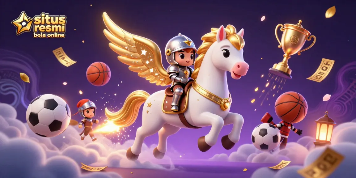 Sparkling scene showcasing 3D characters amidst sports balls, betting slips, and dynamic visuals in situs resmi bola online.
