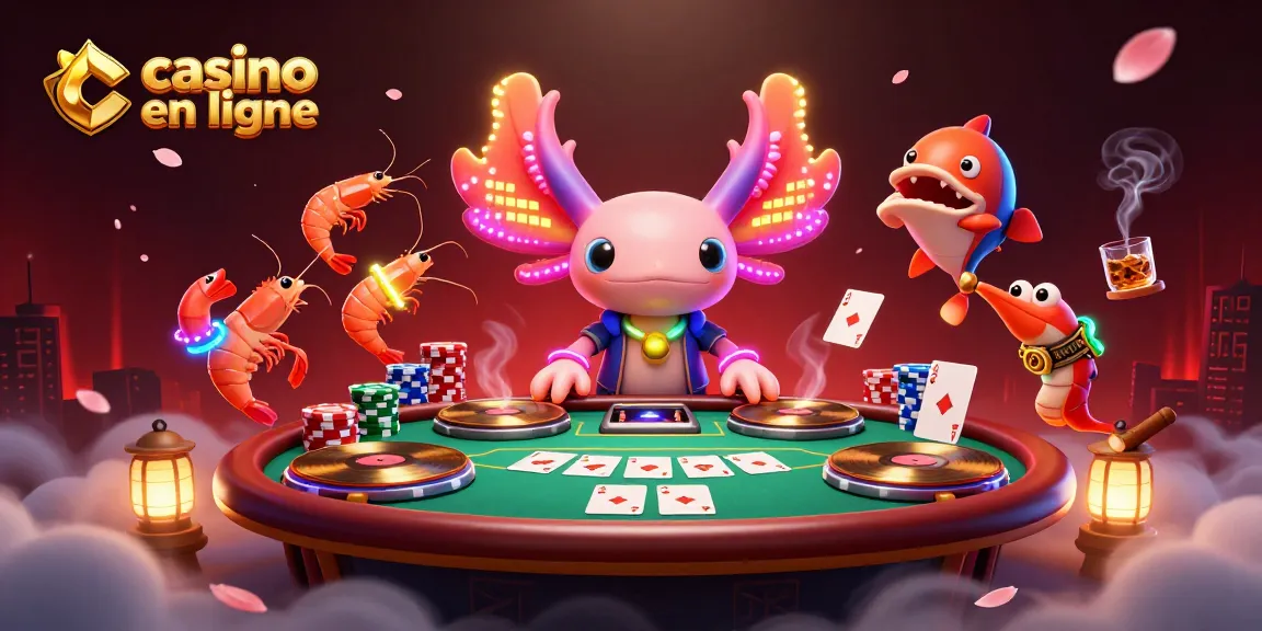 Illustration vibrante d'un DJ axolotl néon dans un casino en ligne entouré de crevettes et de poisson.