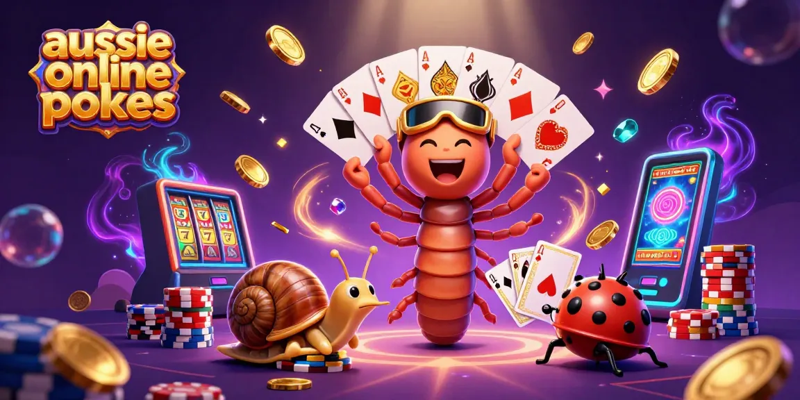 Aussie online pokies scene featuring a millipede dealer and vibrant slot elements.