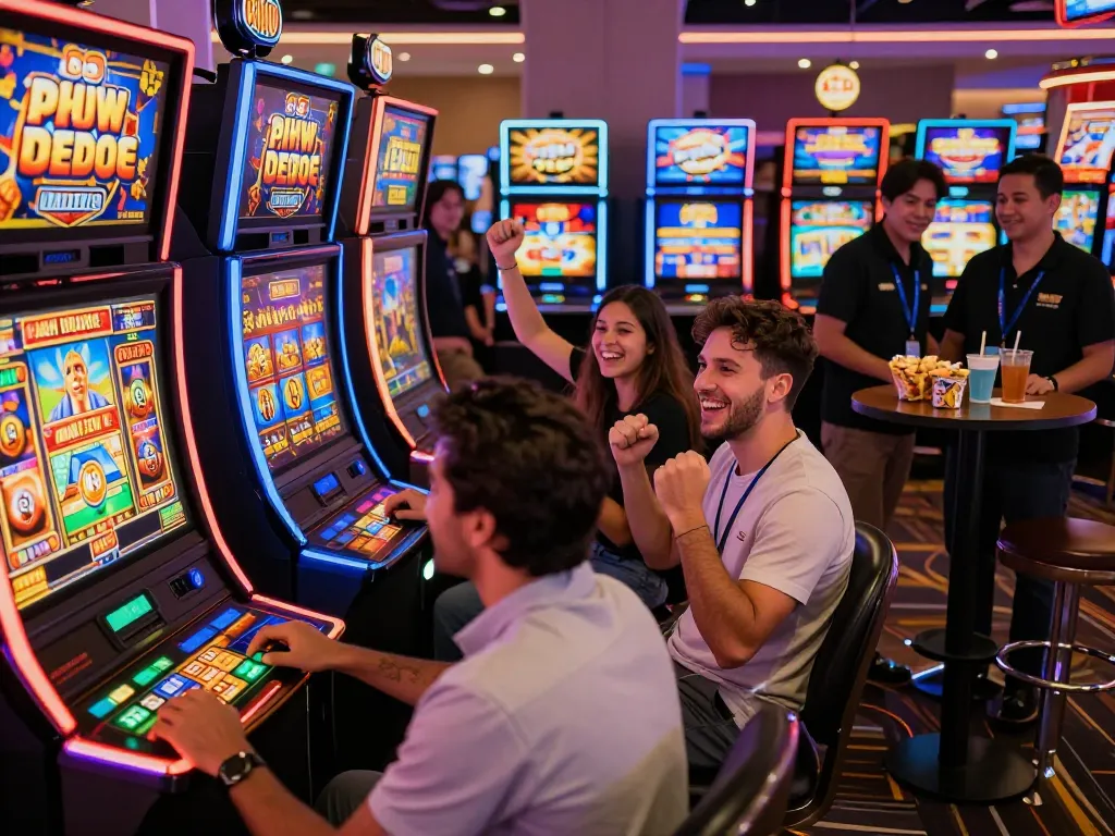 Players celebrating wins at slot88 machines in an exciting online casino atmosphere with vibrant lights and modern gaming.