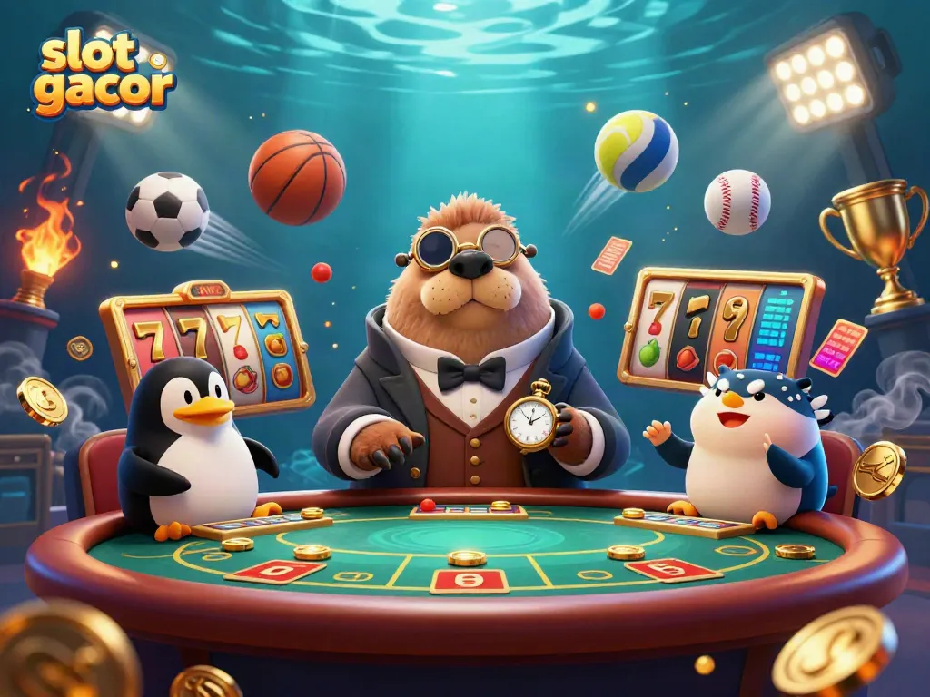 Experience exciting slot gacor action with a playful walrus, poker table, and dynamic game elements in a vibrant casino scene.