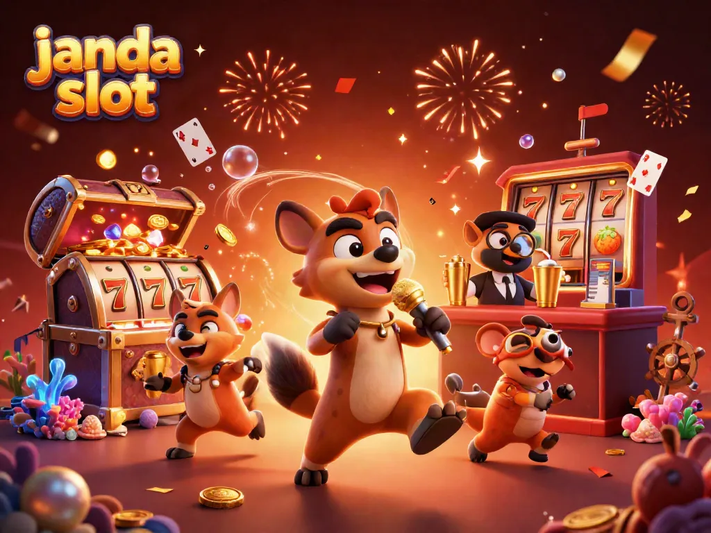 Gambarkan slot janda sambil tertawa di casino dengan hyena dan elemen permainan yang bermunculan