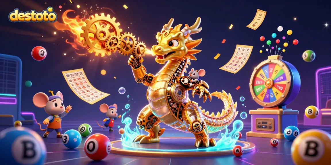 Experience adventures with destoto slots, featuring a golden dragon and lottery dynamics.