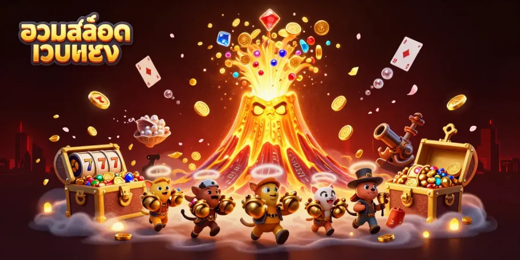 Join vibrant 3D cartoon characters celebrating victory in รวมสล็อตเว็บตรง with stunning treasures and games