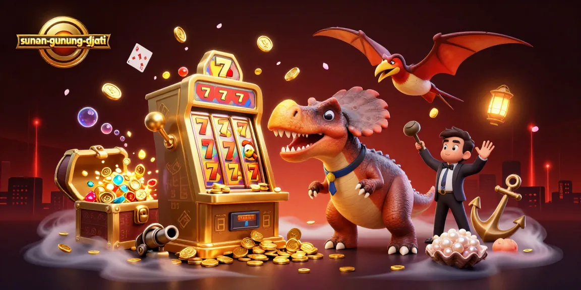 Gambaran sunan-gunung-djati: Pachycephalosaurus memukul mesin slot emas dengan uang jackpot terbang.