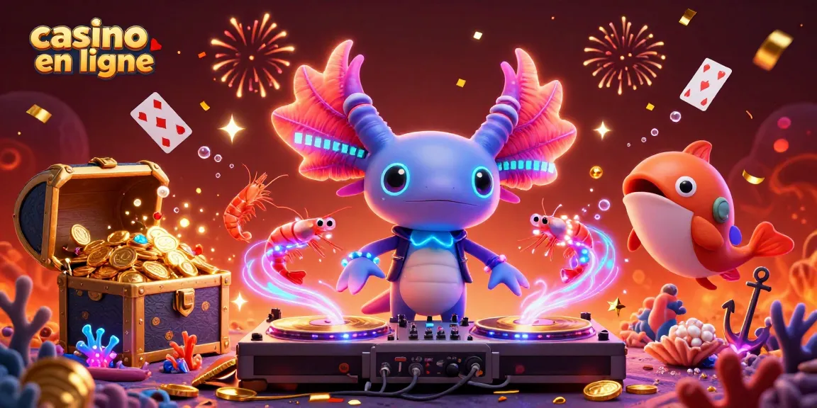 Profitez d'une expérience de jeu captivante avec casino en ligne, illustrée par un DJ axolotl et une ambiance festive.