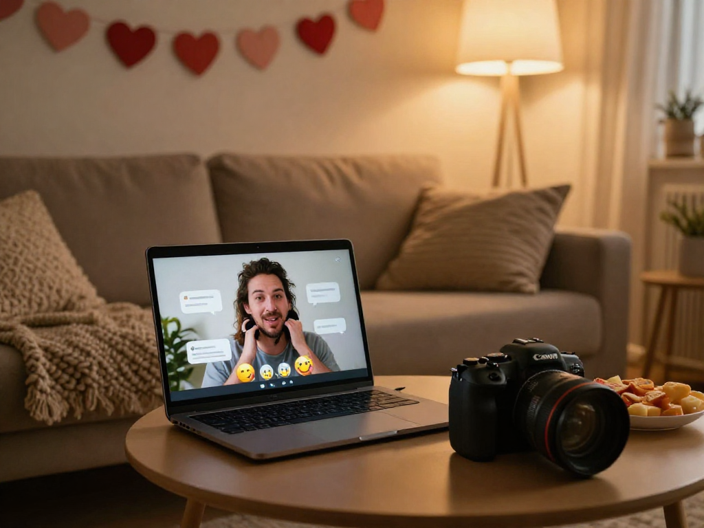 Couple using porn chat ai on laptop, cozy home setting with soft lighting.