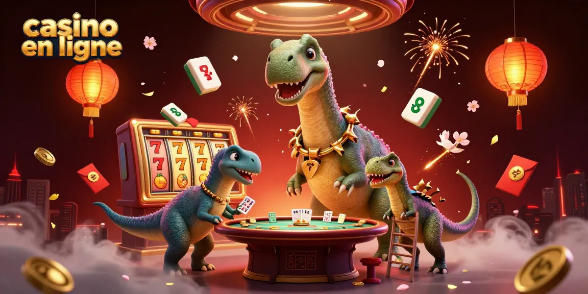 Célébrez l'excitation du casino en ligne avec un brontosaurus surmontant une table de poker, des éléments ludiques flottants.