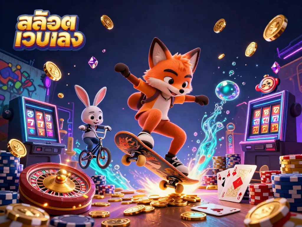 กราฟิกสล็อตเวบตรงที่เต็มไปด้วยสัญลักษณ์คาสิโนและตัวละครการ์ตูนแสดงความตื่นเต้นในการเล่น