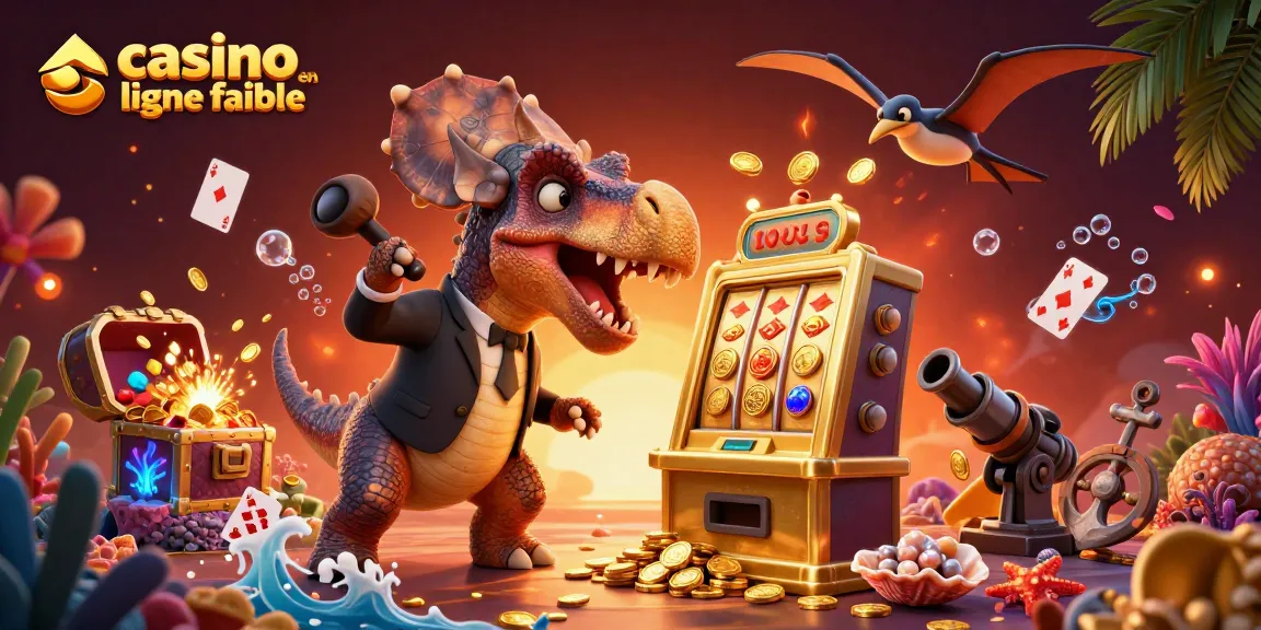 Le casino en ligne fiable présente un pachycephalosaurus interagissant avec une machine à sous dorée, dans un décor vibrant de jeux de casino.