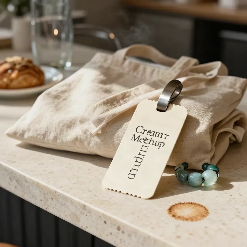 Ticket sleeve with linen tote and wristband on pale stone in a hazy café