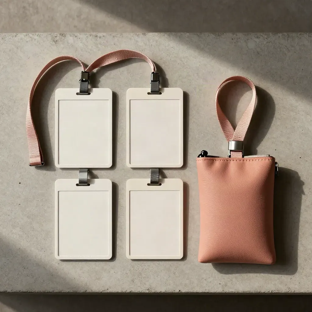 Overhead flatlay of a workshop pack with blank badge cards, lanyard, sleeve, and pouch on pale concrete.