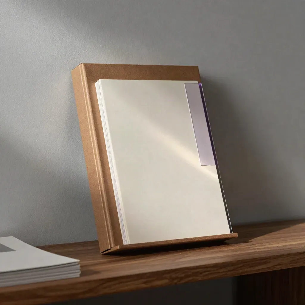Speaker Slide Pack box, acetate divider and paper portfolio against a textured plaster wall on a shelf