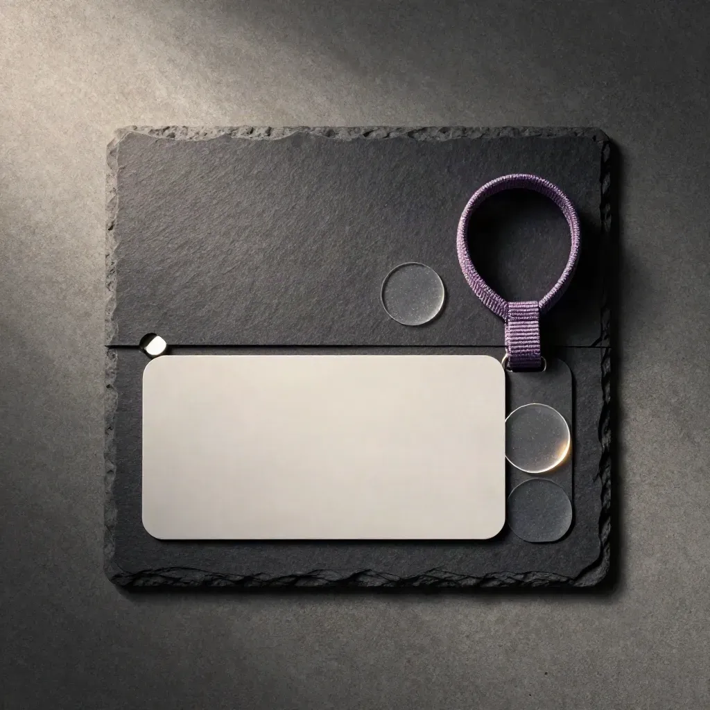 Overhead flatlay of a ticket card, wristband loop and translucent circles on graphite concrete.