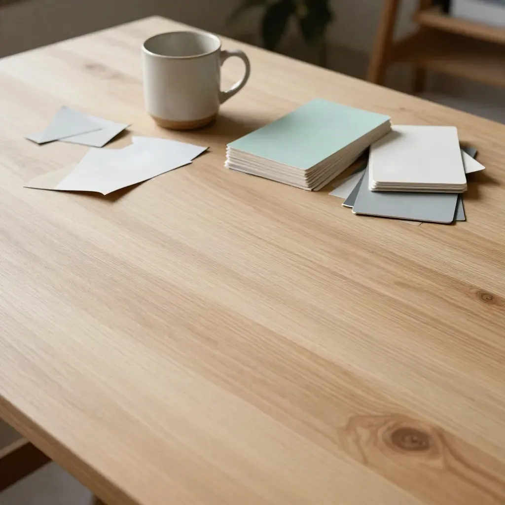 Pale maple workshop table with paper cutoffs, a ceramic mug, and blank swatches in soft daylight.