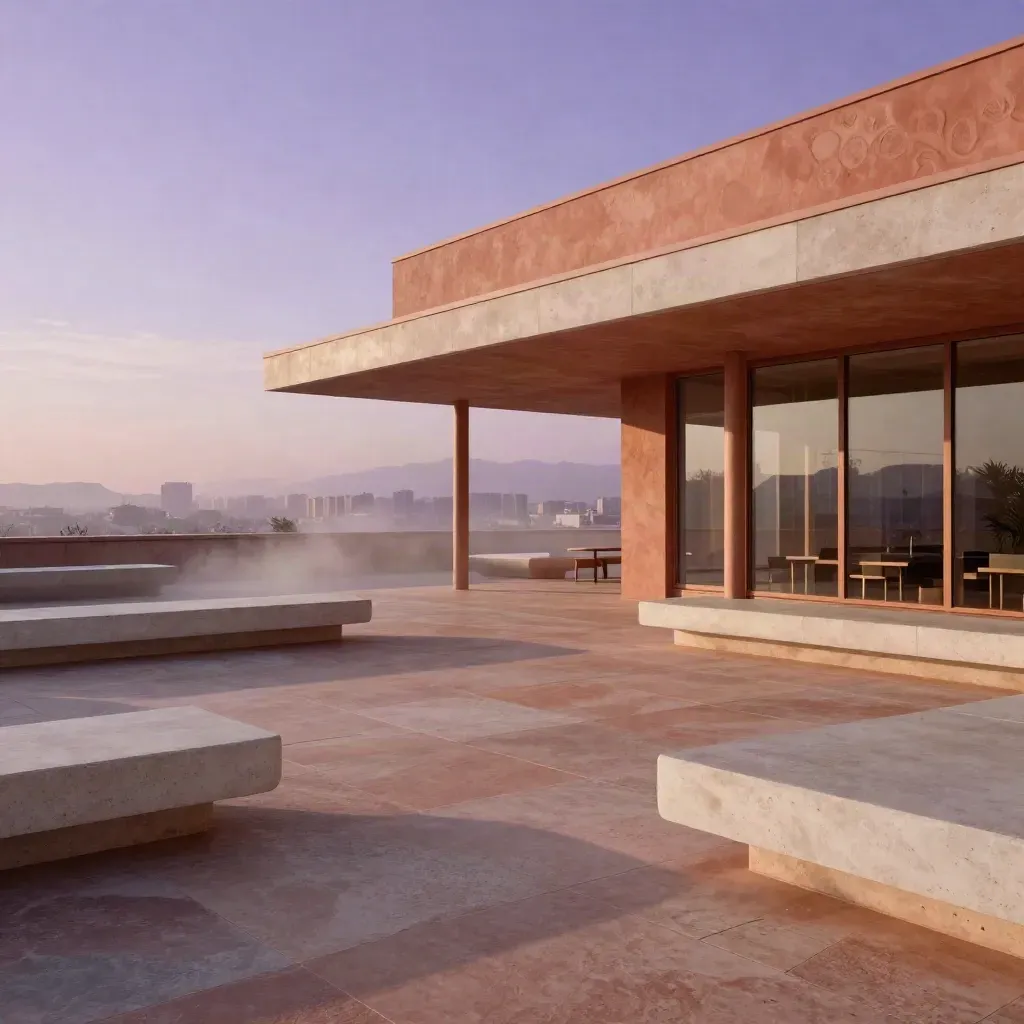 Sunlit rooftop arcade with concrete benches, haze, and distant city skyline for headline space.