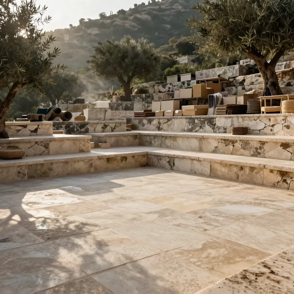 Sunlit stone hillside courtyard with olive shadows, woven seating, and stacked boxes.