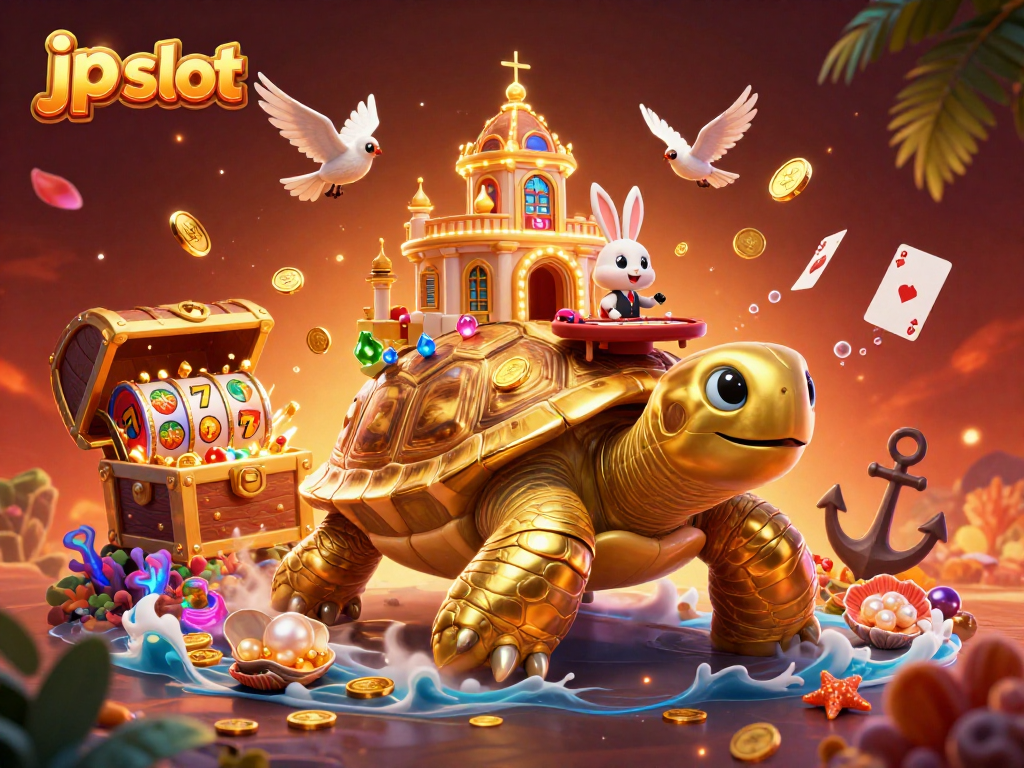 Spin the jp slot reels in a vibrant 3D casino scene featuring a golden tortoise and playful characters.