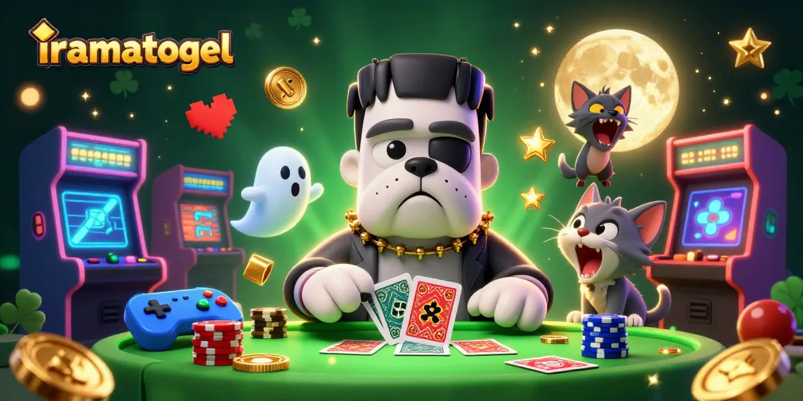 Gambarkan iramatogel dengan monster anjing Frankenstein dan elemen kasino yang menarik.