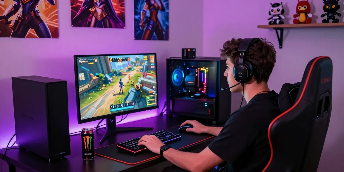 Engaged gamer playing NAGA2000 on a high-resolution monitor, surrounded by colorful LED lights and gaming accessories.
