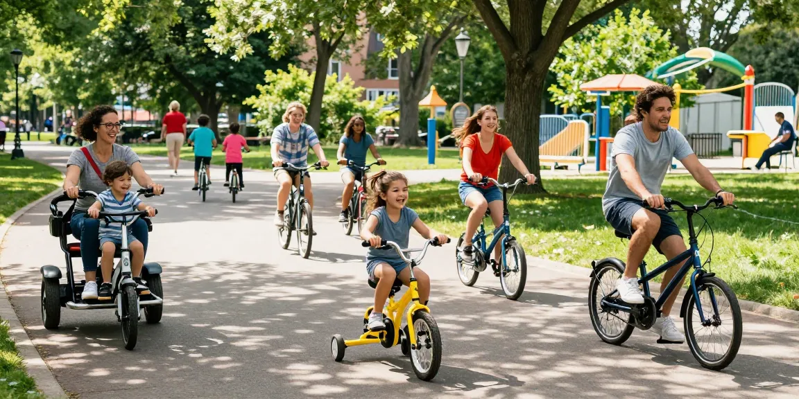 Families riding tricycles in a sunny park, showcasing joy and outdoor fun.