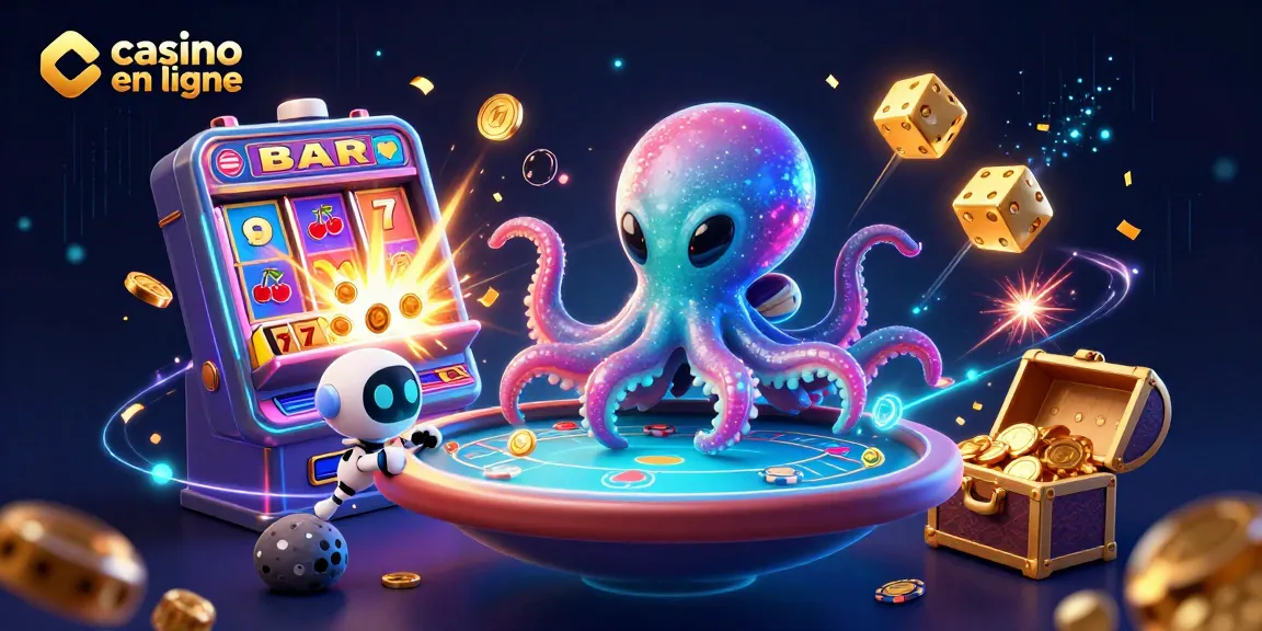 Jouez à des jeux de casino en ligne avec une illustration d'un poulpe extraterrestre et un robot.