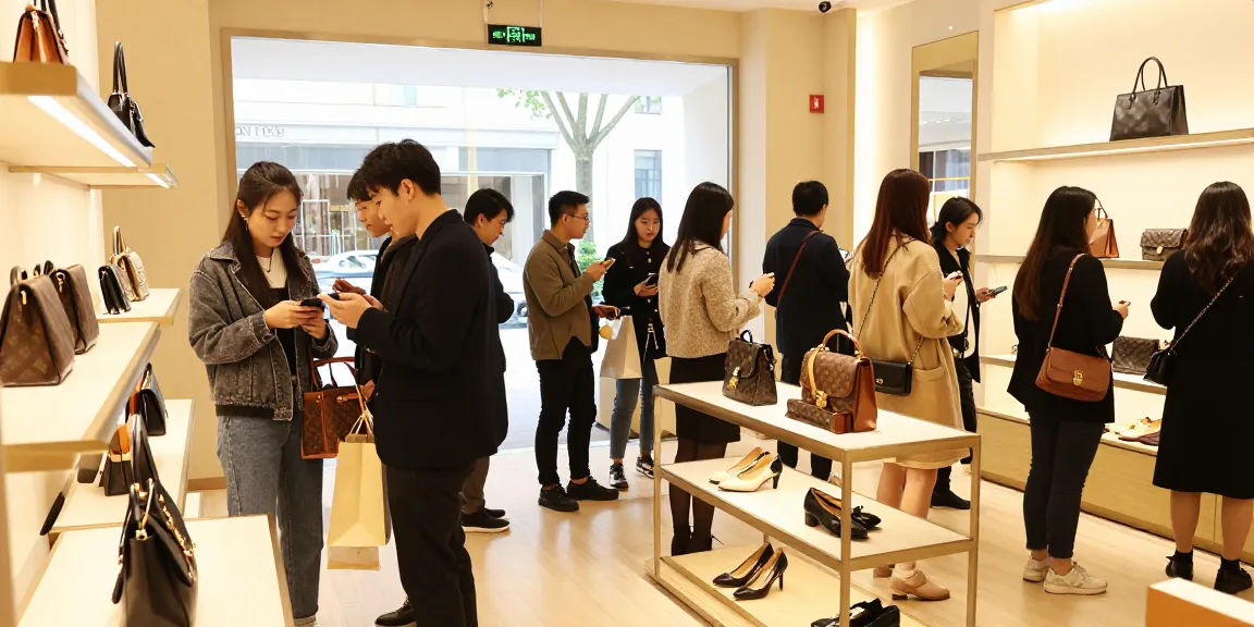 Shoppers exploring high-quality 레플리카 fashion items in a premium store atmosphere.