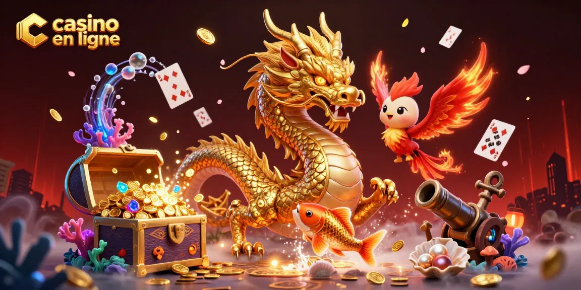 Jouez au casino en ligne avec une illustration de dragon doré et phoenix parmi des pièces d'or.