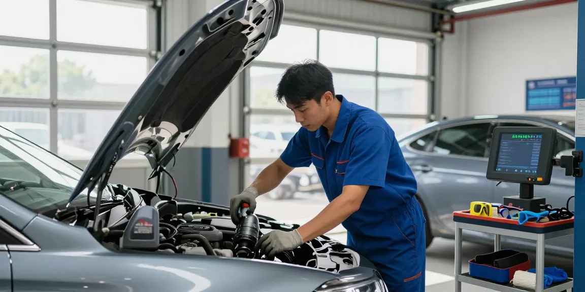 Professional oil change service with a technician performing maintenance in a well-lit garage.