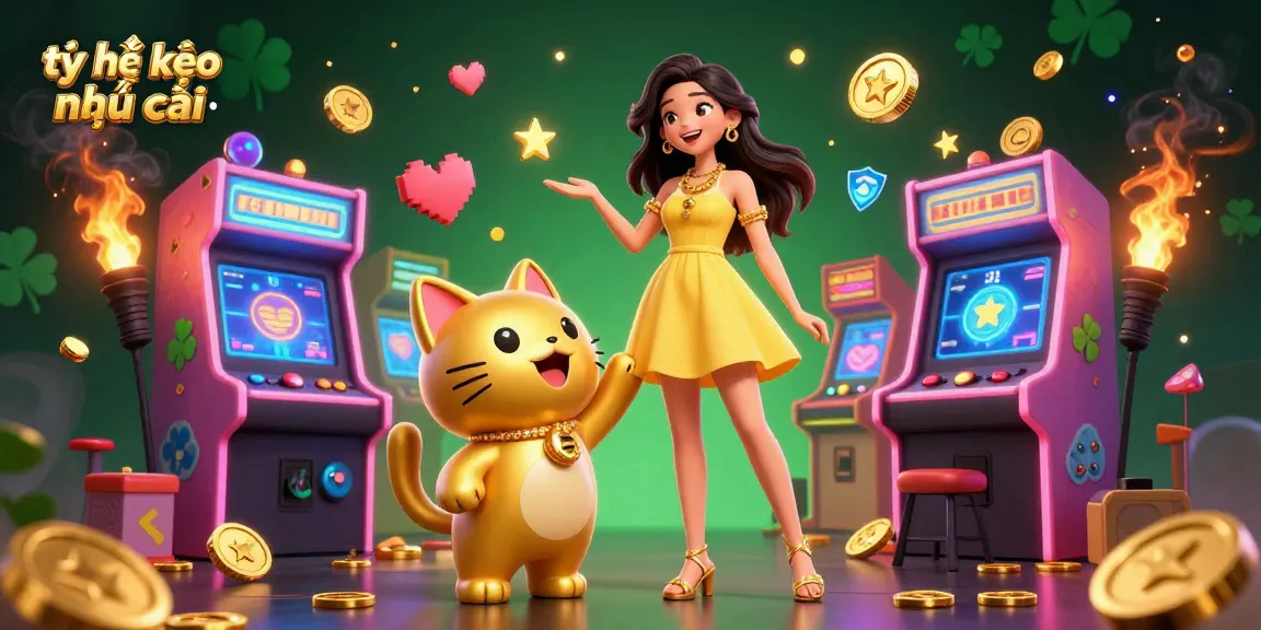 Engage with tỷ lệ kèo nhà cái in this vibrant 3D casino scene filled with golden coins and game machines.