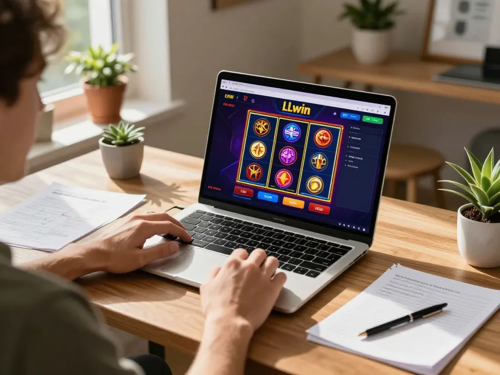 Player engaging with LLwin's online casino from a stylish home setup, bright and inviting.