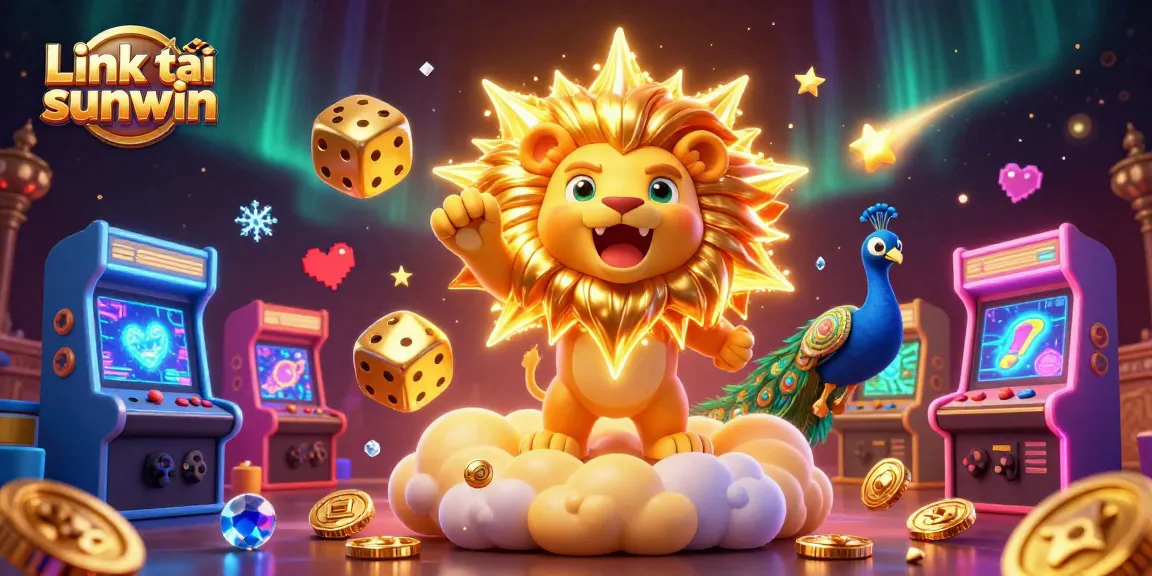 Link tải sunwin showcases a vibrant 3D casino scene with a roaring sun lion and golden dice.