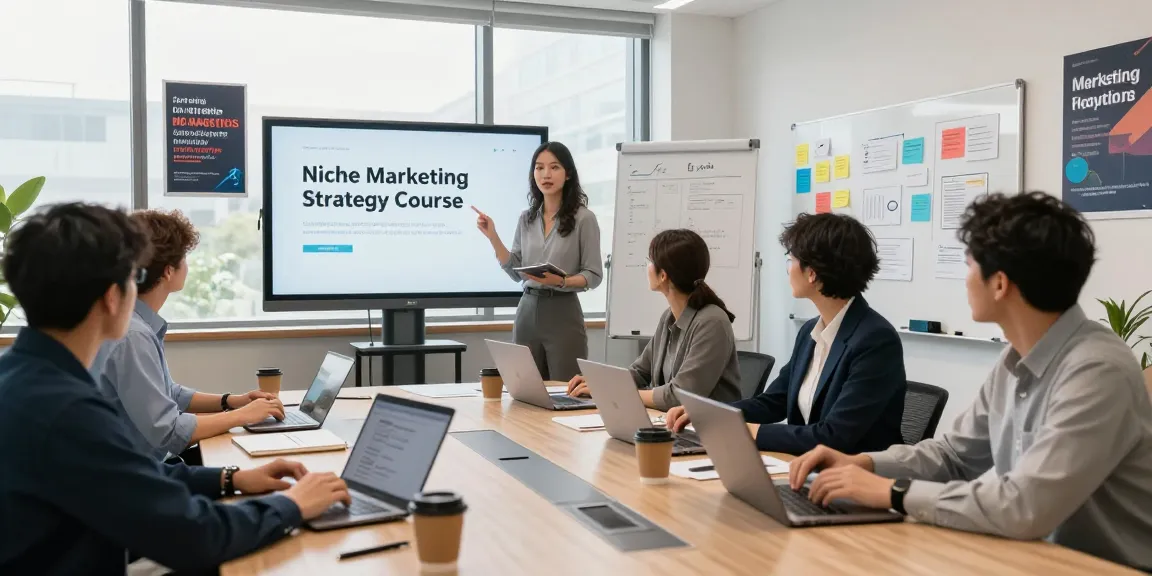 A diverse team brainstorming for the Niche marketing strategy course in a modern office environment, highlighting collaboration and creativity.