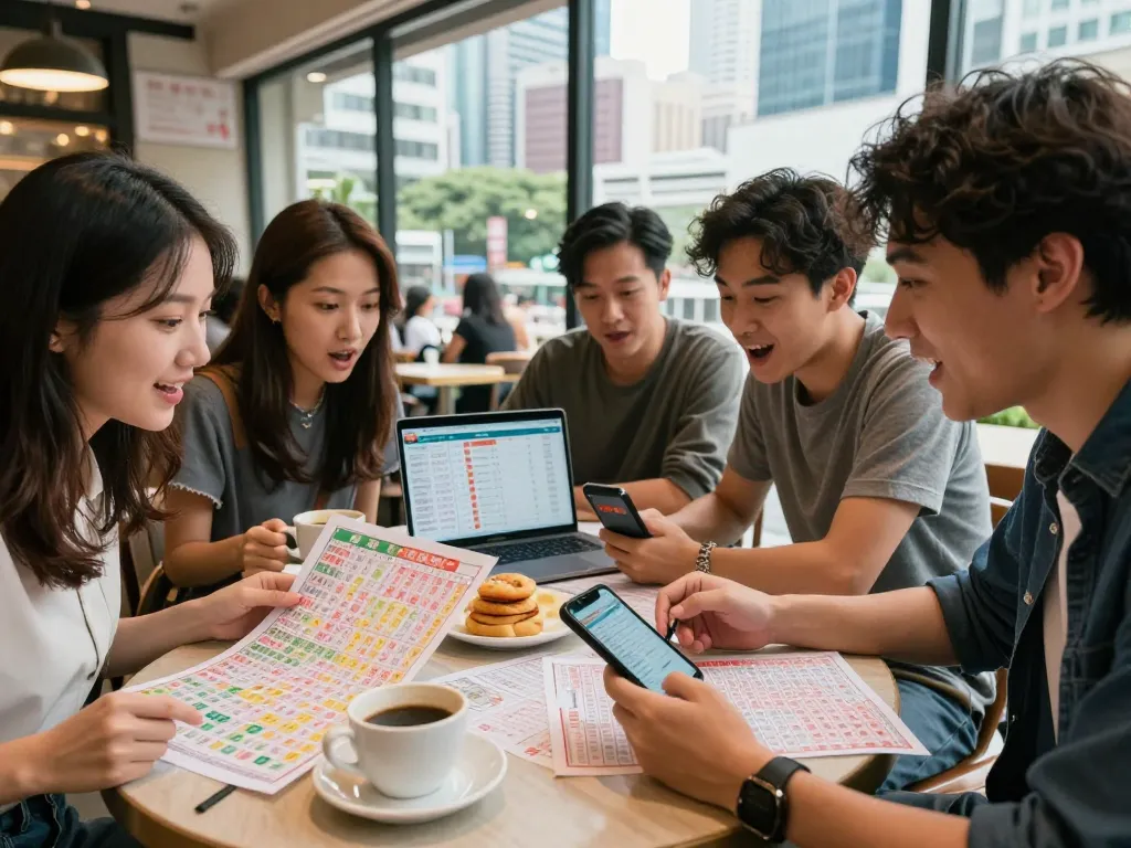 Friends strategizing HK lottery outcomes at a café with prize charts and smartphones.