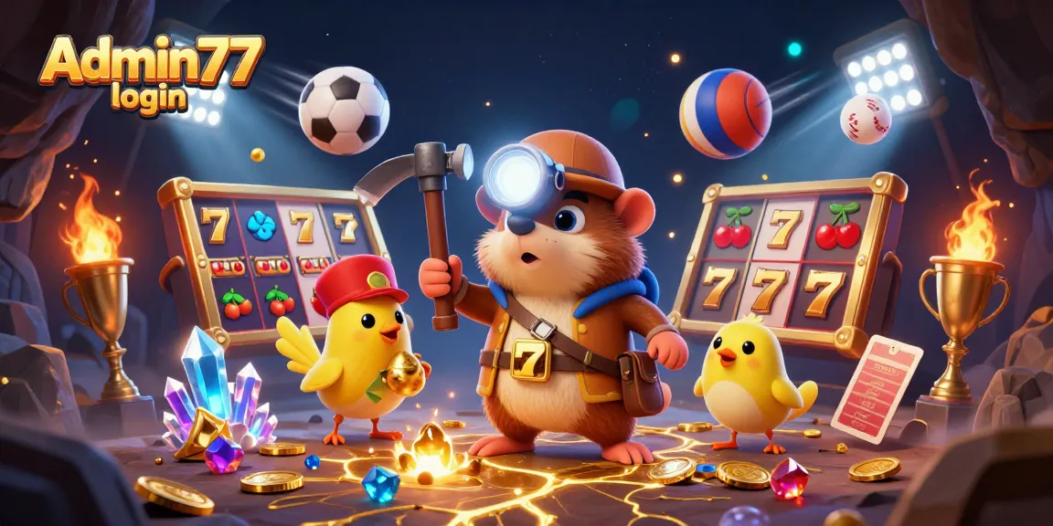 Admin77 login showcases a treasure hunter mole surrounded by vibrant slot elements and sports balls in an exhilarating casino atmosphere.