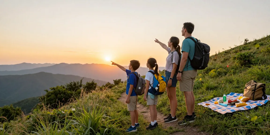 Family adventure exploring nature at sunset with mantra88 gear and scenic backdrop.