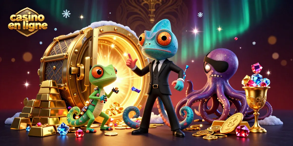 Jouez dans un casino en ligne avec un caméléon agent secret, un gecko tech et un octopus dans un cadre précieux.