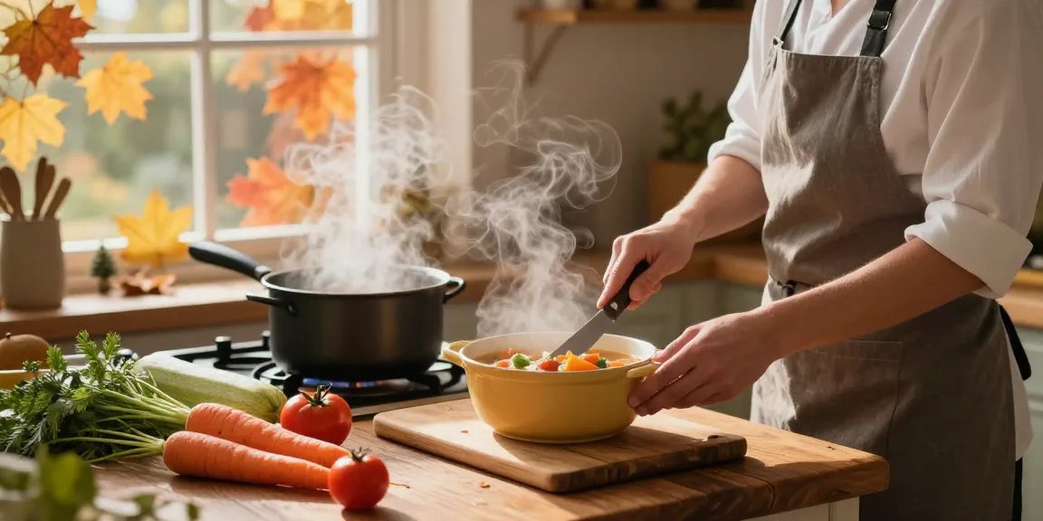 Warmes und einladendes Bild von einem Koch, der eine köstliche vegetarische Suppe mit frischen Herbstgemüsen zubereitet.