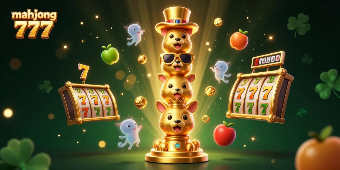 Spin the reels with mahjong 777, featuring a vibrant 3D scene of slot symbols and golden totems.