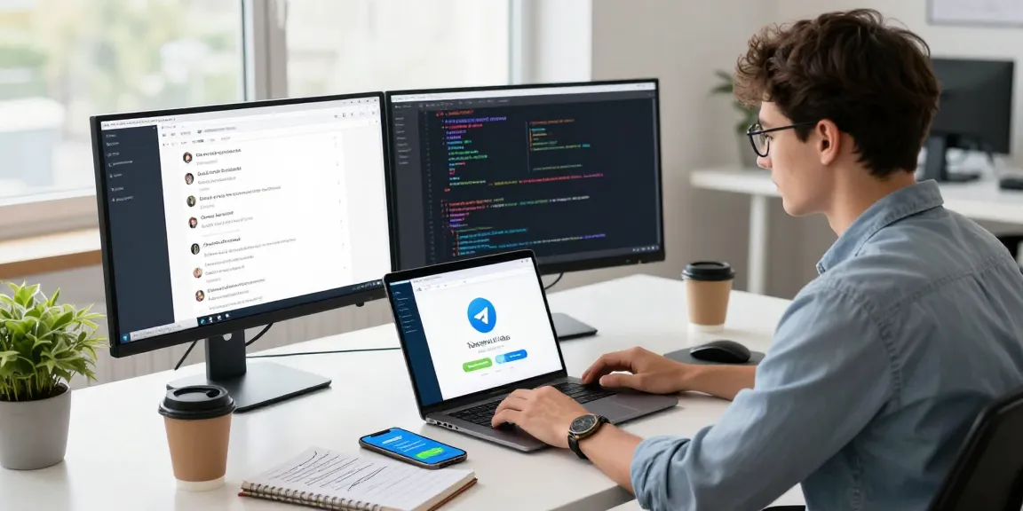 Professional using Telegram Web Version on a laptop in a stylish workspace.