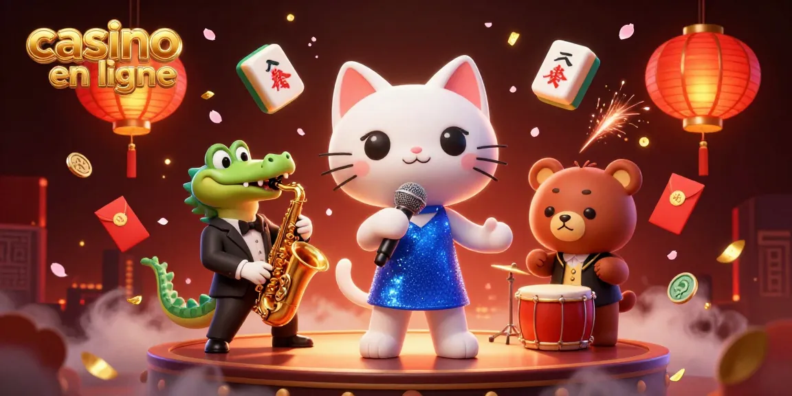 Illustration captivante de casino en ligne avec un chat chanteur, un crocodile saxophoniste, et un ours batteur.